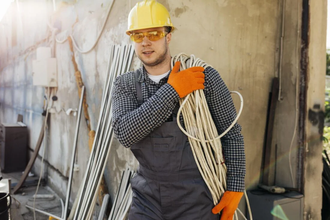 Мужчина монтажник держит кабеля на плече Германия