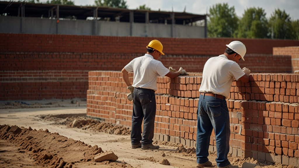 Мужчины каменщики работают с кирпичем на вакансии Каменщики Бельгия Антверпен