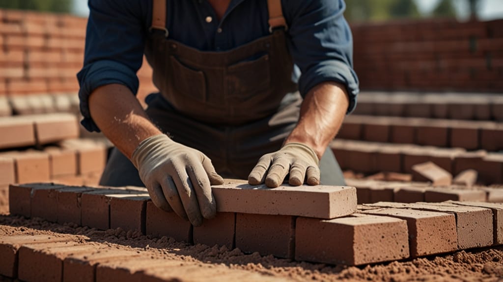 Укладка клинкера мужчиной на стройке Бельгия