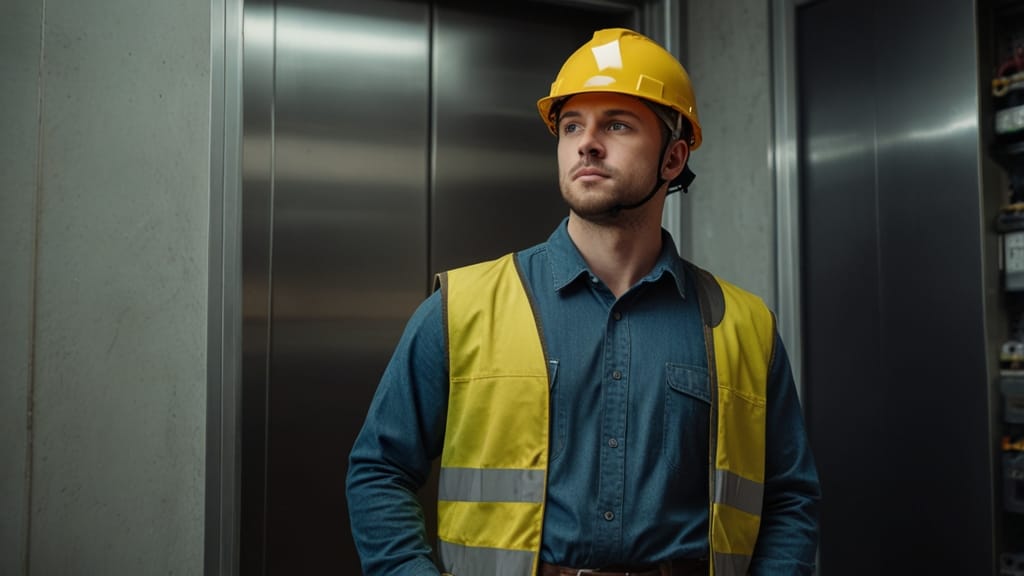 Мужчина в каске делает Монтаж лифтов Германия Рейн-Вестфалия