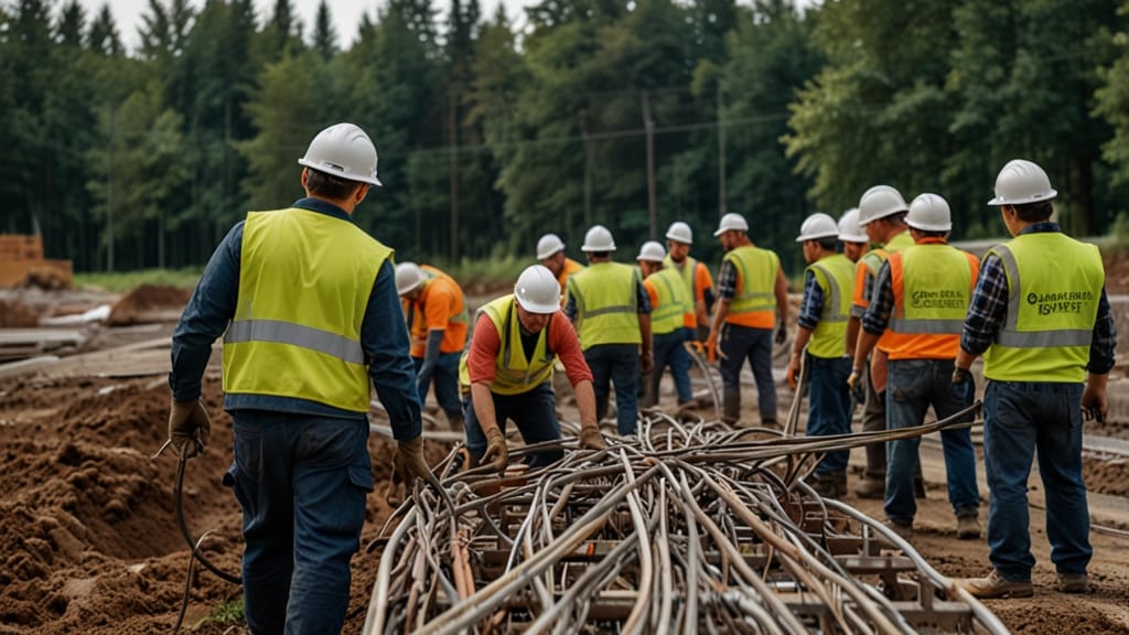 Мужчина Бригадир с командой на прокладке кабеля Германия