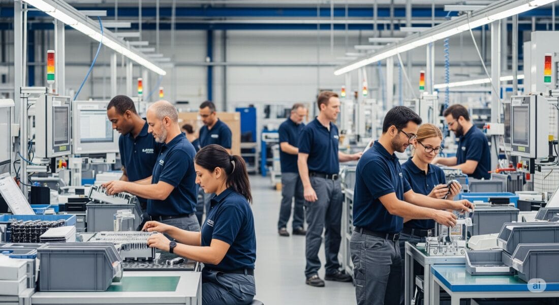 Різноманітні співробітники працюють на сучасному виробництві чи складі у Німеччині.