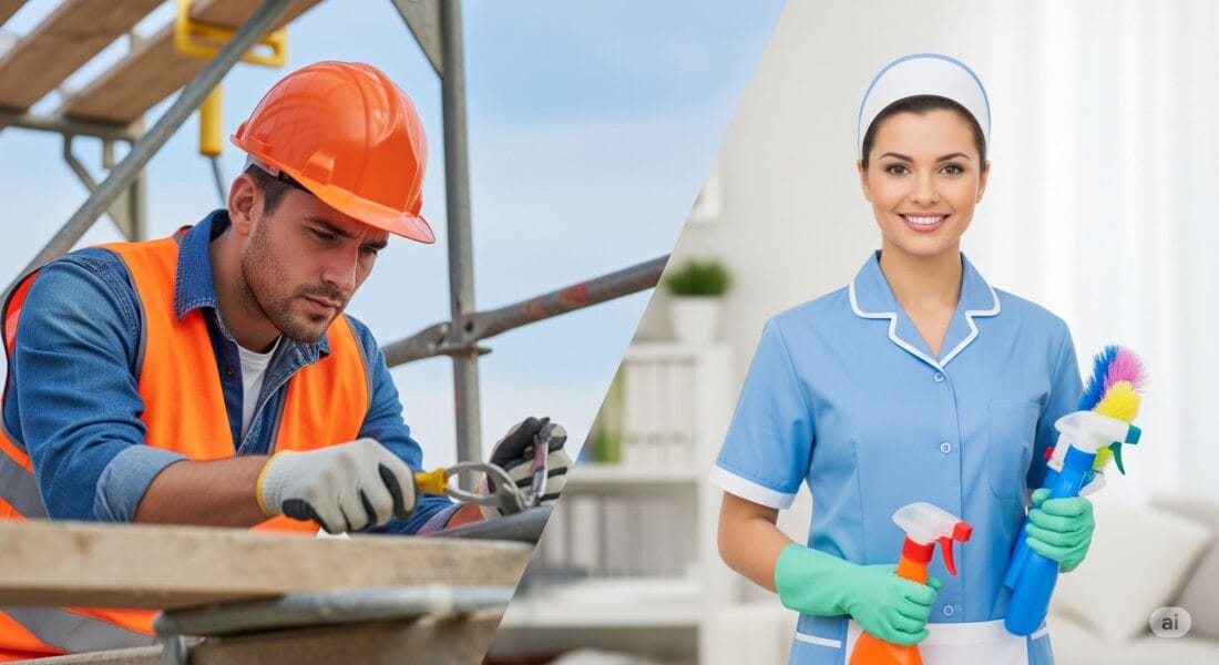 Чоловік-будівельник на будівництві та жінка-покоївка у приміщенні, що символізують різні види роботи в Німеччині.