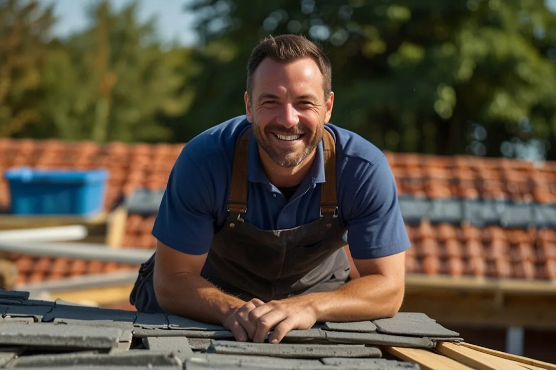 Мужчина Кровельщик улыбается в камеру работая в городе Антверпен Бельгия