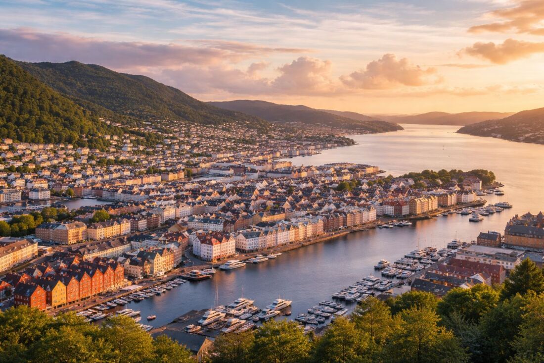 город Берген Норвегия панорама набережная и горы