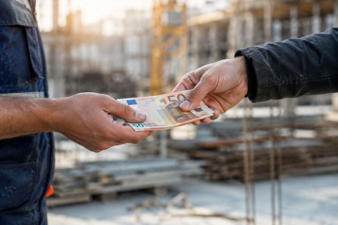 Передача денежных купюр евро между работниками на стройке