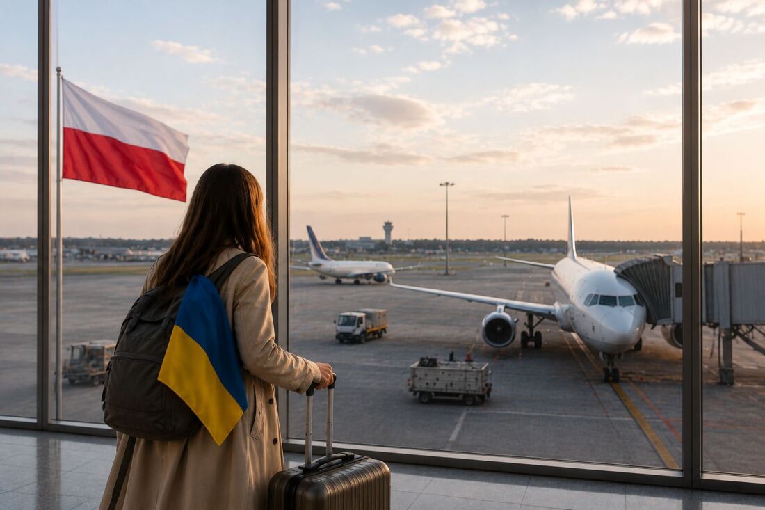 Украинка с флагом и чемоданом в аэропорту, за окном самолеты и польский флаг