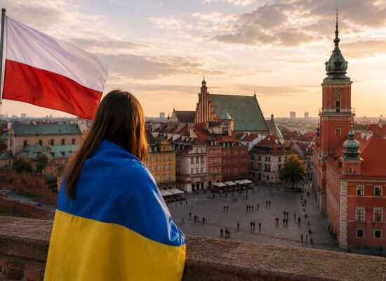 Девушка с украинским флагом на фоне Старого города Варшавы и польского флага
