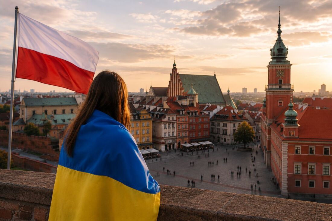 Девушка с украинским флагом на фоне Старого города Варшавы и польского флага