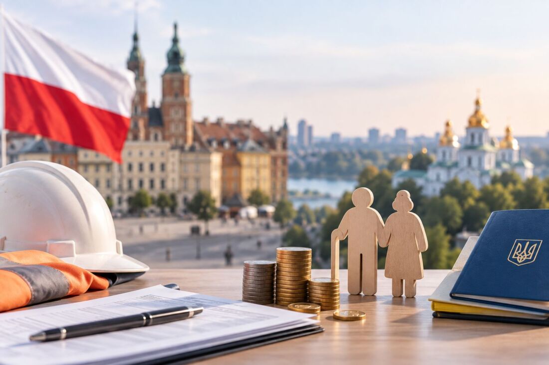Подтверждение стажа работы в Польше: бумаги, каска и украинский паспорт на фоне Варшавы